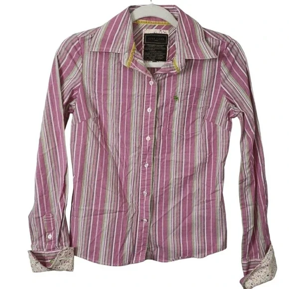 Vintage Ezra Fitch Striped Long Sleeve Button Front Shirt Pink Green Medium M - Picture 2 of 6